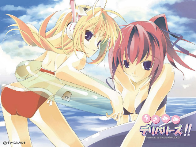 Beach surfboard anime girls bikini free wallpaper for desktop - medium preview image