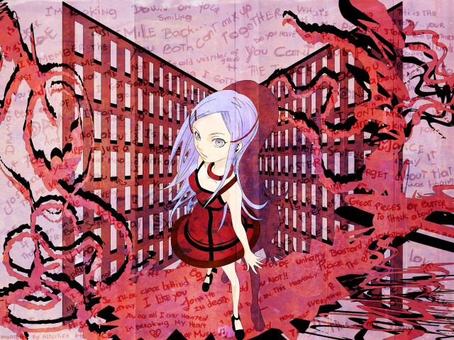 Red dress graffiti building anime free wallpaper for desktop - medium preview image