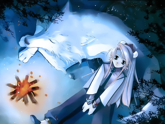 Girl wolf forest fireball moon free wallpaper for desktop - medium preview image