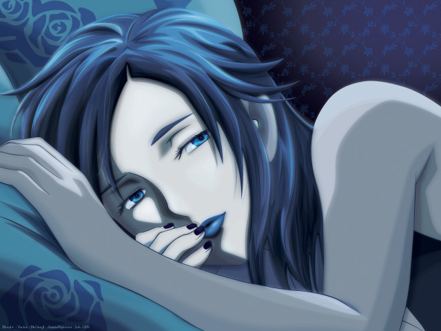 Blue haired gothic anime rose free wallpaper for desktop - medium preview image
