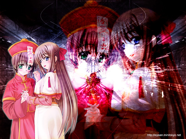 Anime 2girls hologram redpink background free wallpaper for desktop - medium preview image