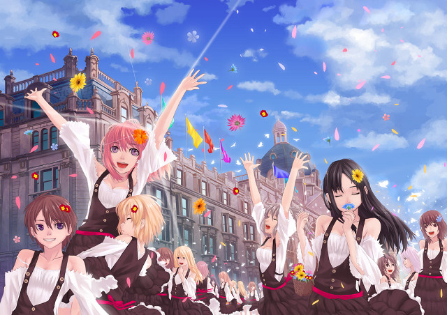 Maid girls confetti streamers cityscape free wallpaper for desktop - medium preview image