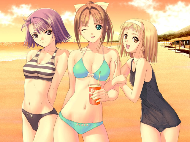 Three girls beach bikinis drink free wallpaper for desktop - medium preview image