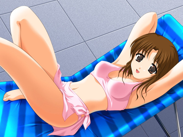 Woman pinkbikini bluechair crossedlegs ayakorokkaku free wallpaper for desktop - medium preview image