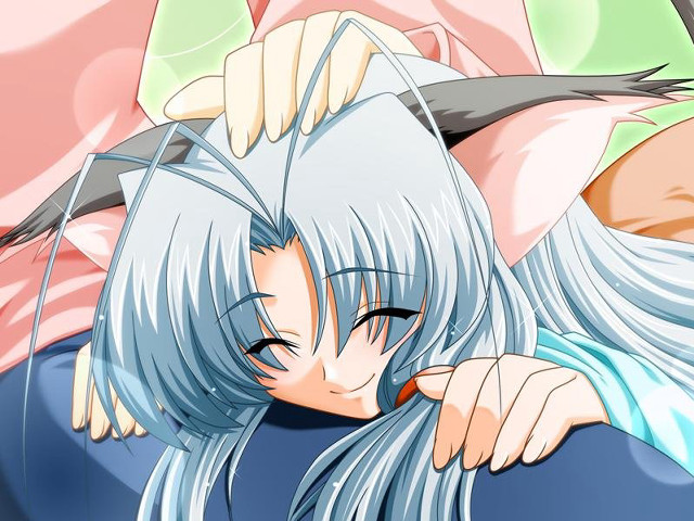 Woman whitehair blue shirt holdinghead free wallpaper for desktop - medium preview image