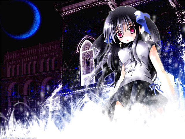 Girl black dress moon building free wallpaper for desktop - medium preview image