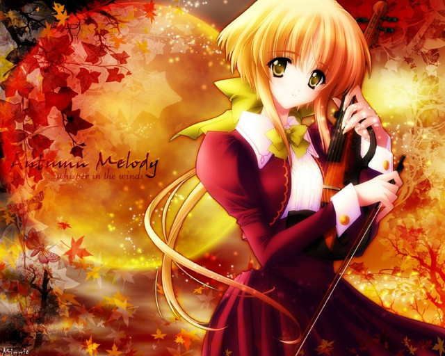 Anime girl violin autumn leaves #2 free wallpaper for desktop - medium preview image