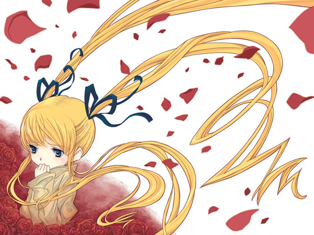 Blonde girl bow red petals free wallpaper for desktop - medium preview image