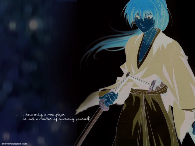 Blue hair samurai katana hakama free wallpaper for desktop - medium preview image