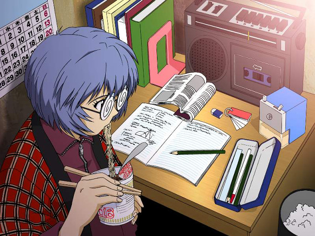 Academic manga illustration bluehair coffee free wallpaper for desktop - medium preview image