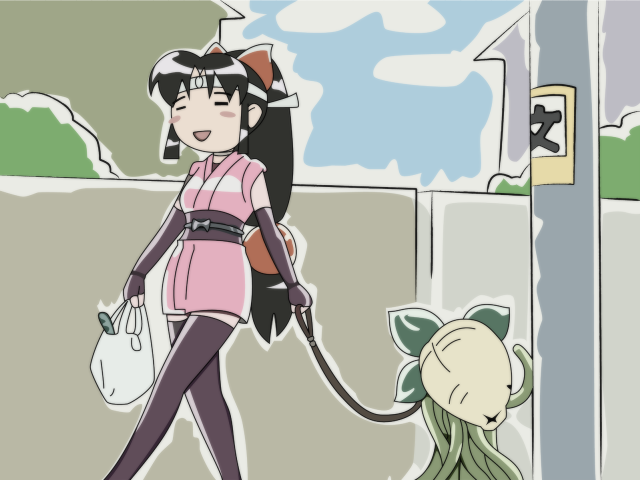 Cartoon woman dog cat leash free wallpaper for desktop - medium preview image