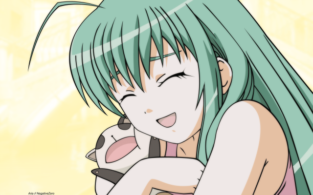 Green hair smiling girl yellow free wallpaper for desktop - medium preview image