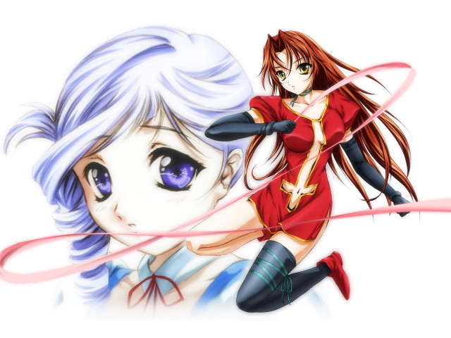 Anime girl bluehair purpleeyes reddress free wallpaper for desktop - medium preview image