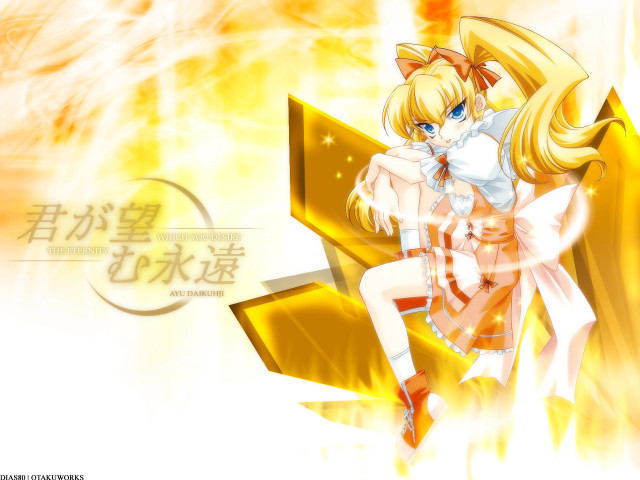Blonde anime girl bow sitting free wallpaper for desktop - medium preview image