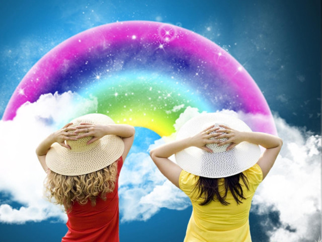 Women yellow dresses hats rainbow #2 free wallpaper for desktop - medium preview image