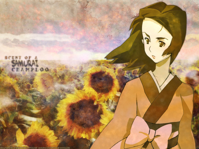 Woman sunflowers autumn kimono fire free wallpaper for desktop - medium preview image