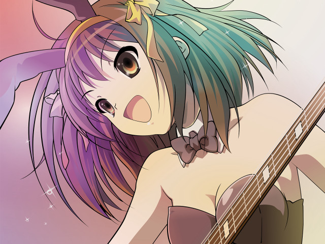 Girl guitar bow purple hair free wallpaper for desktop - medium preview image