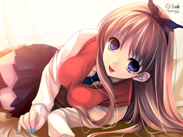 Anime girl laying smiling bow free wallpaper for desktop - medium preview image