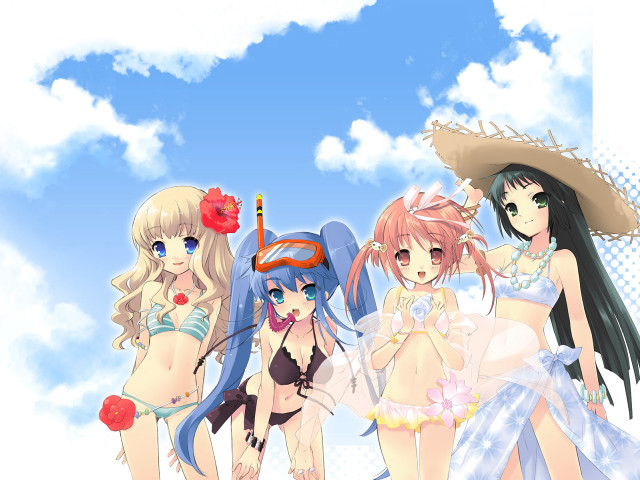 Beach girls bikinis hats blue #2 free wallpaper for desktop - medium preview image