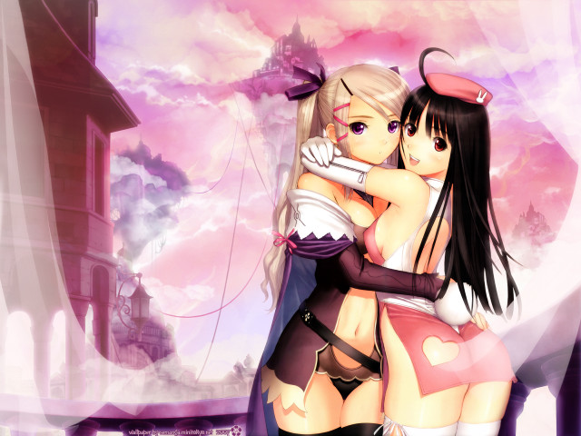 Pink sky anime girls hug free wallpaper for desktop - medium preview image