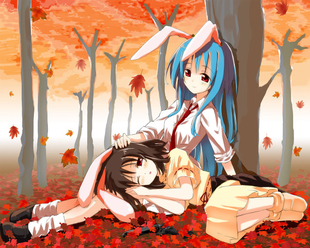 Autumn anime forest leaves rabbit free wallpaper for desktop - medium preview image