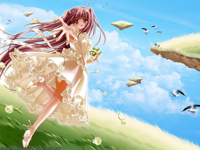 Girl flying wind birds anime free wallpaper for desktop - medium preview image