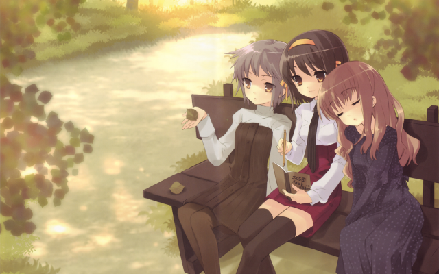 Park bench three girls reading free wallpaper for desktop - medium preview image