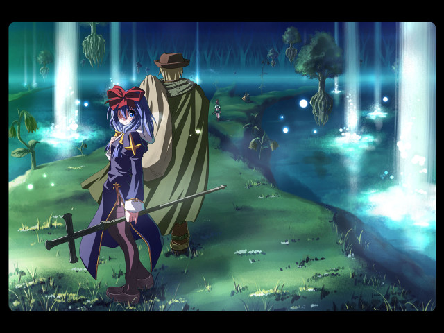 Cartoon hero sword field forest free wallpaper for desktop - medium preview image