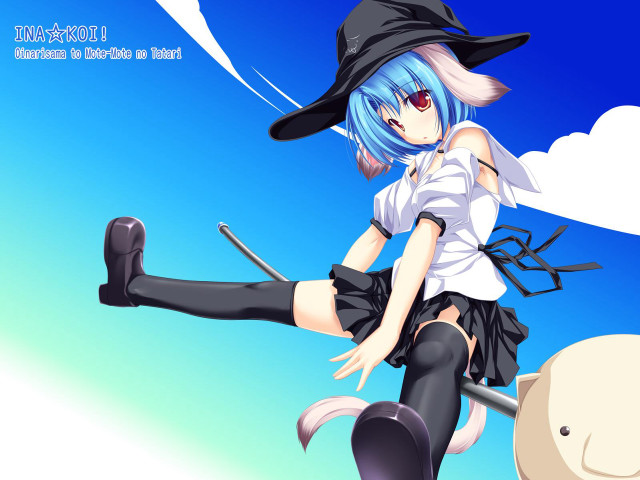 Blue hair witch riding broom free wallpaper for desktop - medium preview image