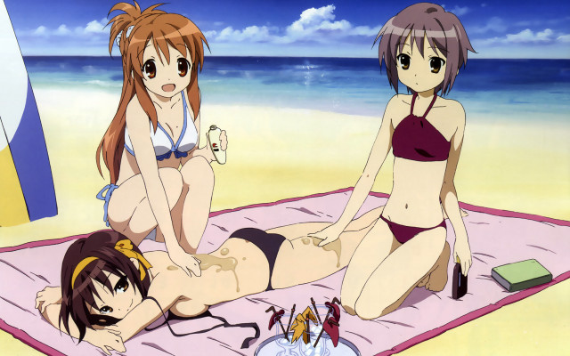 Beach girls bikinis towel drink free wallpaper for desktop - medium preview image