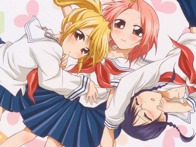 Anime girls hugging hearts smiling free wallpaper for desktop - medium preview image