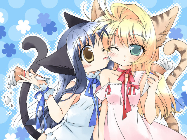 Anime catgirls kissing icecream pawprint free wallpaper for desktop - medium preview image