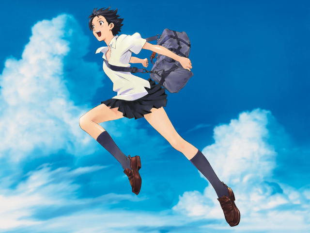 Girl flying school uniform backpack free wallpaper for desktop - medium preview image
