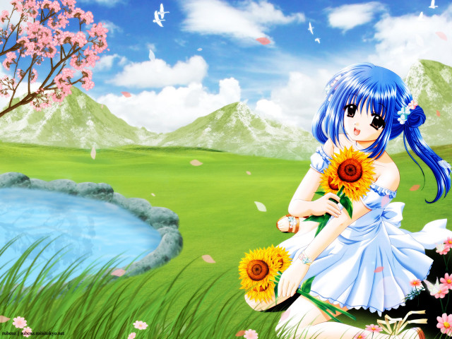 Girl flower field blue hair free wallpaper for desktop - medium preview image