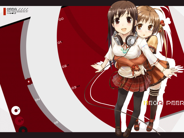 Anime girls red background headphones free wallpaper for desktop - medium preview image