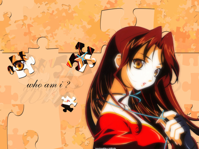 Girl longhair redshirt holding puzzle free wallpaper for desktop - medium preview image