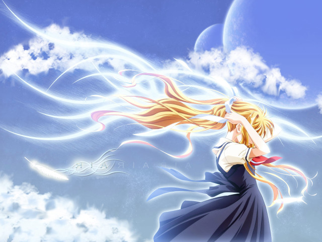 Woman blue dress flying clouds free wallpaper for desktop - medium preview image