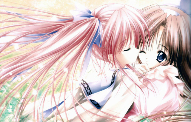 Pink hair ponytail hugging long free wallpaper for desktop - medium preview image