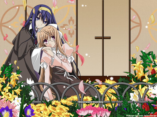 Garden flowers anime characters bench free wallpaper for desktop - medium preview image