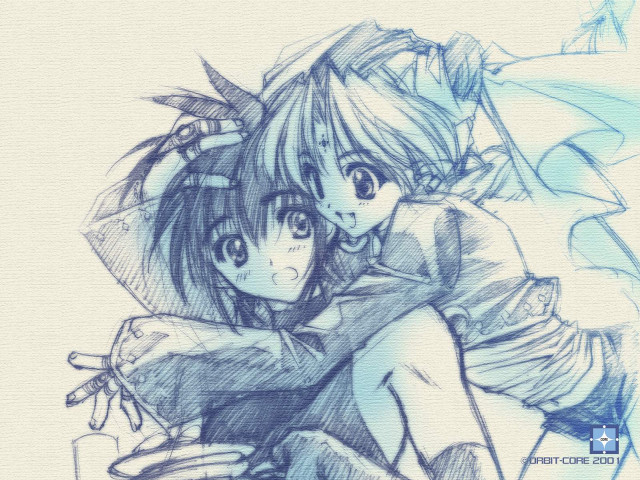 Hugging girls blue white manga free wallpaper for desktop - medium preview image