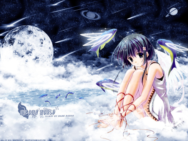 Girl cloud kite moon stars free wallpaper for desktop - medium preview image