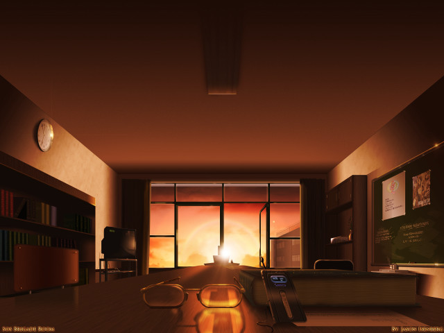 Sunset room desk bookshelf clock free wallpaper for desktop - medium preview image