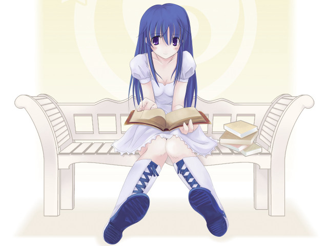 Girl bench reading bluehair purpleeyes free wallpaper for desktop - medium preview image