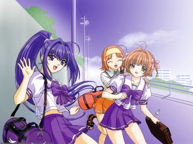 Three girls school uniforms backpacks free wallpaper for desktop - medium preview image