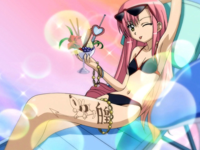 Pink hair girl sitting tattoo free wallpaper for desktop - medium preview image