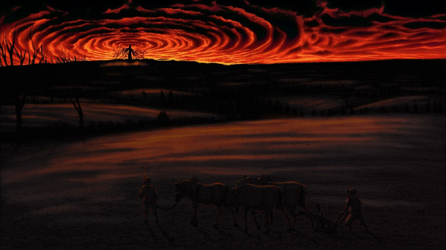 Sunset horses windmill painting landscape free wallpaper for desktop - medium preview image