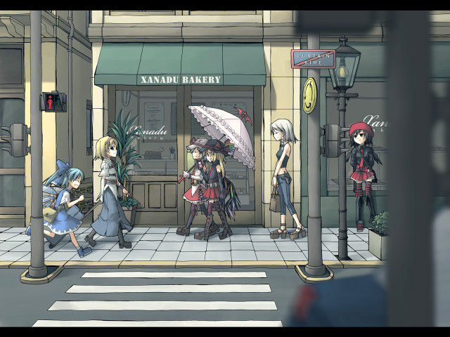 Anime girls street umbrella blonde free wallpaper for desktop - medium preview image