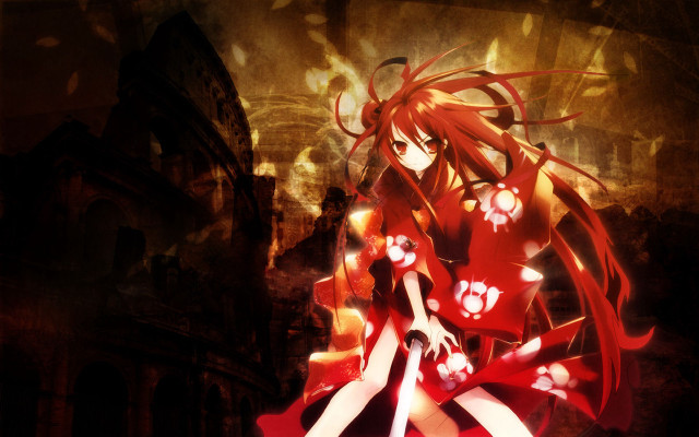 Anime girl red hair kimono #2 free wallpaper for desktop - medium preview image