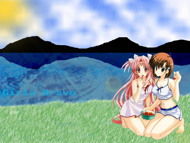 Anime girls field mountains sky free wallpaper for desktop - medium preview image