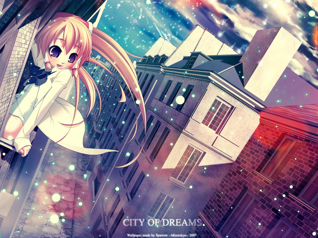 Girl white dress flying cityscape free wallpaper for desktop - medium preview image